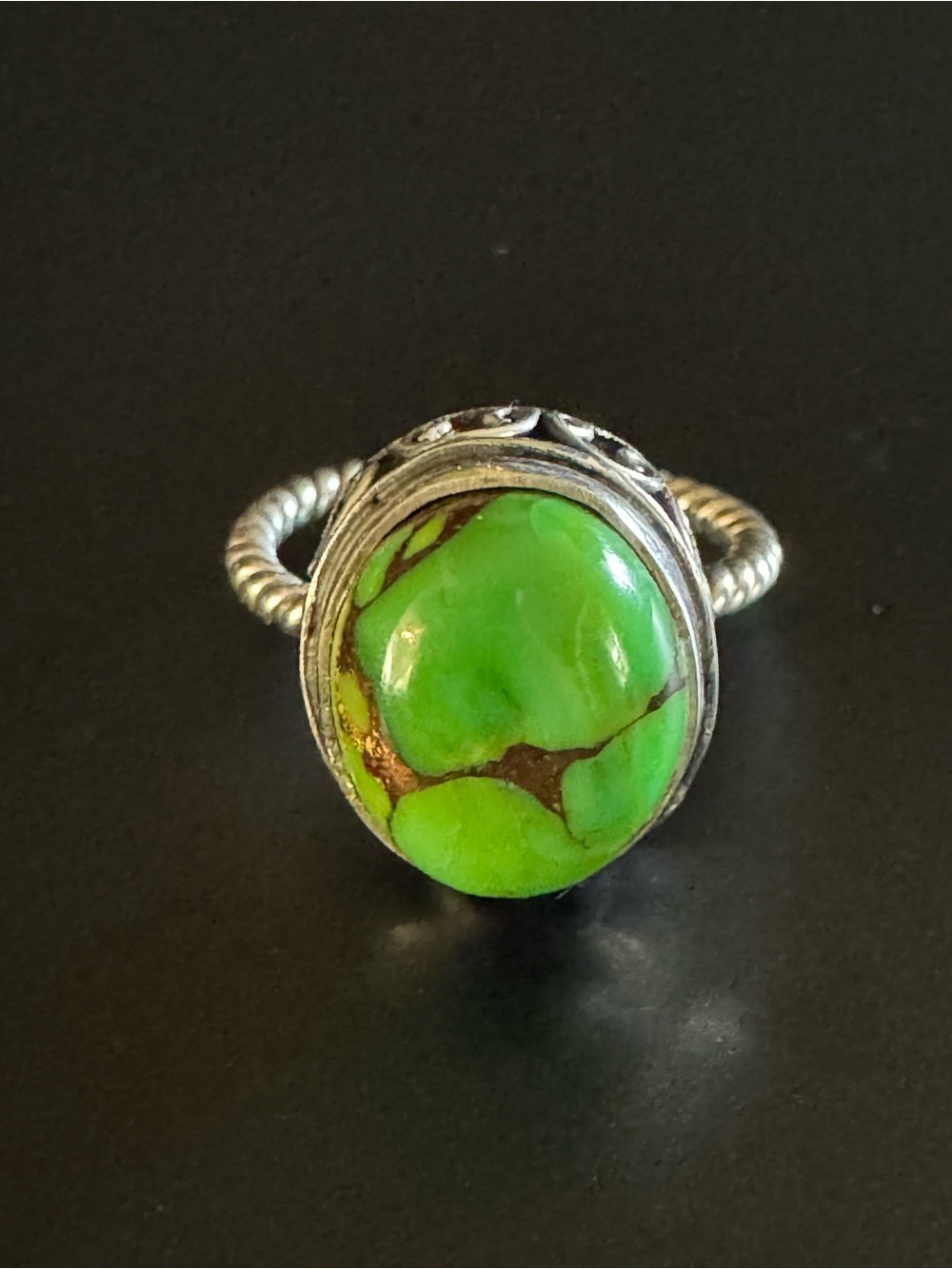 Sterling Silver Green Turquoise Bali Ring - Artisan Filigree - Size 5 - Picture 1 of 8